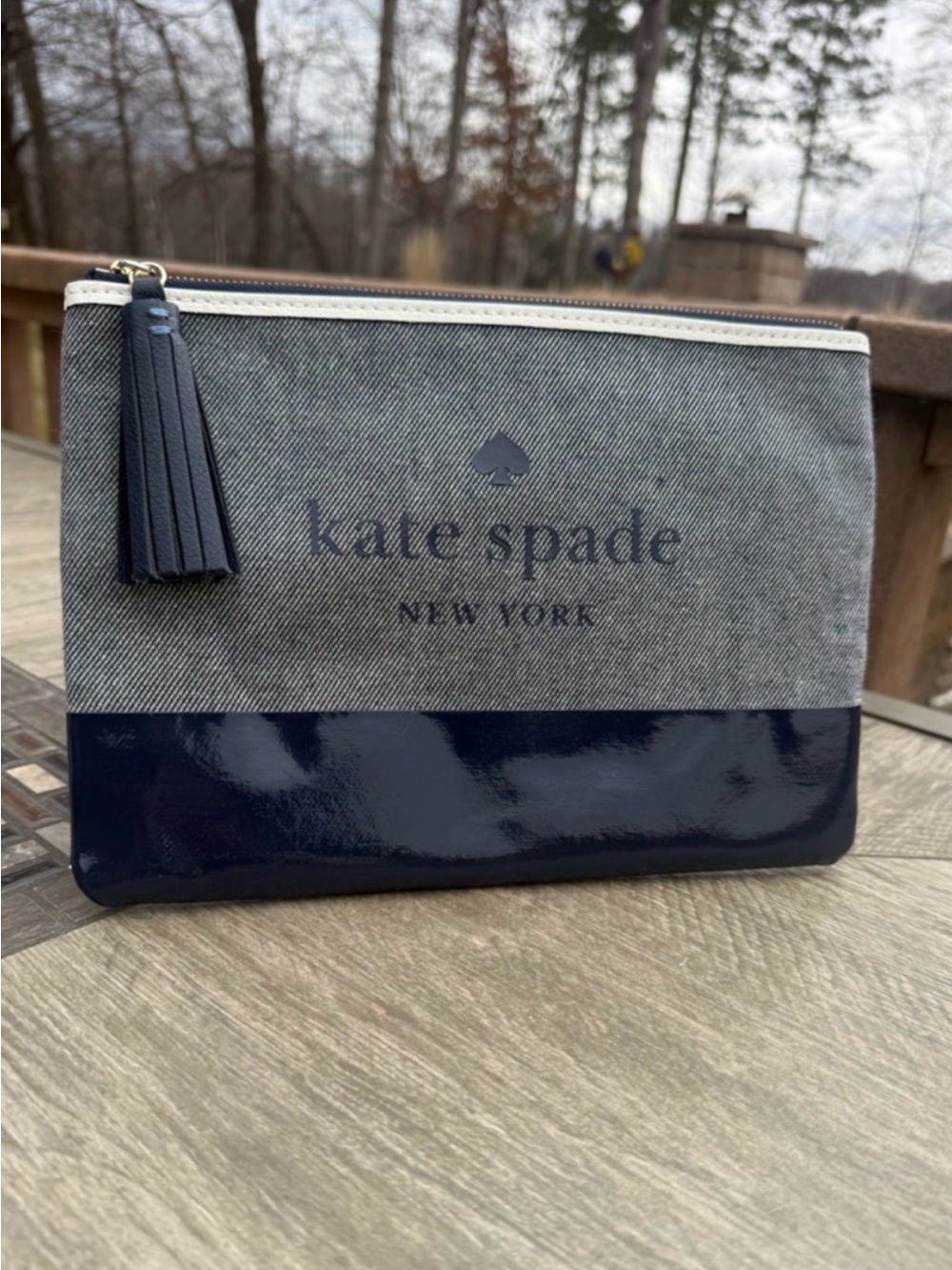 kate spade New York Ash Street gray canvas and navy patent zip pouch NWOT